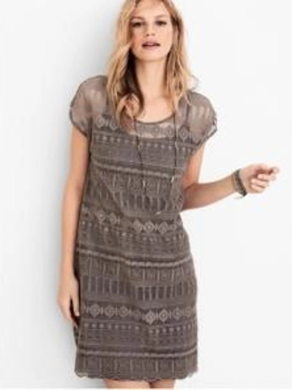 Garnet Hill Taupe Patterned Short Sleeve Midi Dress